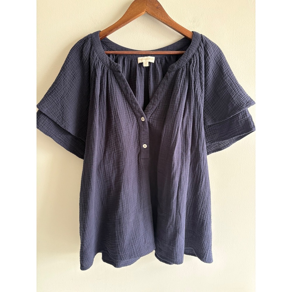 Cynthia Rowley 1X Slate Blue Gauze Blouse Flutter Sleeve Button Front